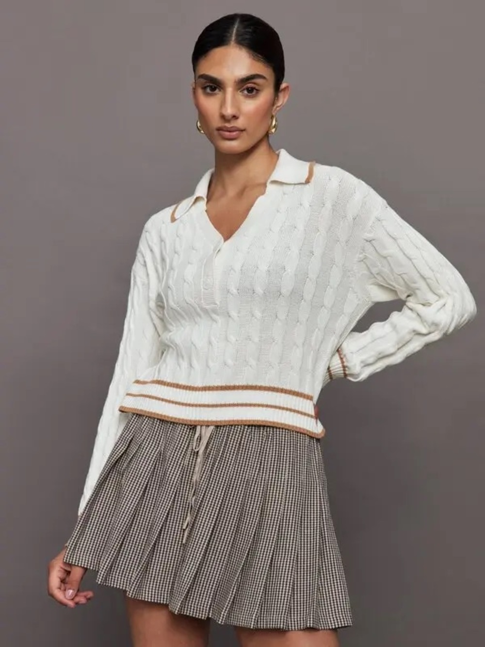 The Upside Athena Cable Knit Polo Top S (6) Cream Organic Cotton Preppy Sport